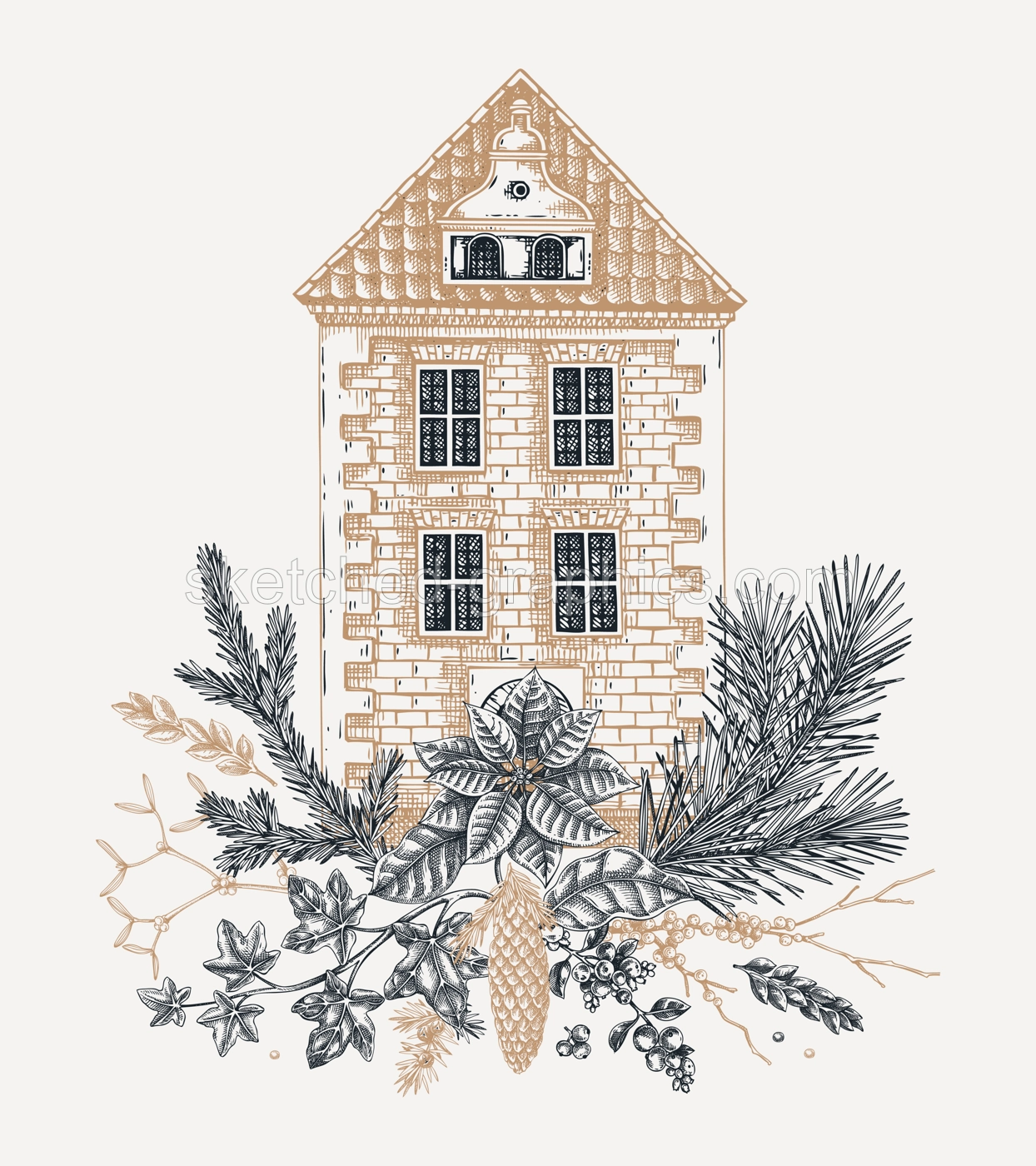 Christmas card design. European architecture sketch. Vintage brick house drawing. Winter trees hand-drawn vector illustration. NOT AI generated Illustration